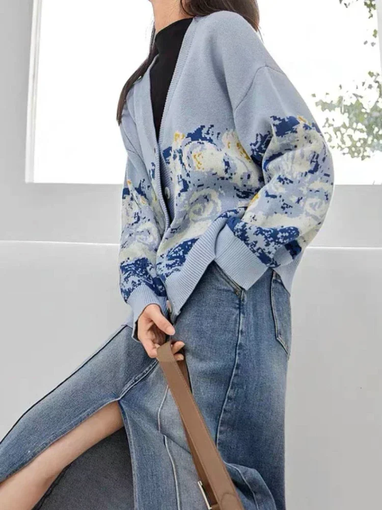 Fashion Printing Cardigan for Women Thickening V-neck Winter Women\'s Coats 2024 Sweaters Casual Loose Blue Warm Knitted Cardigan