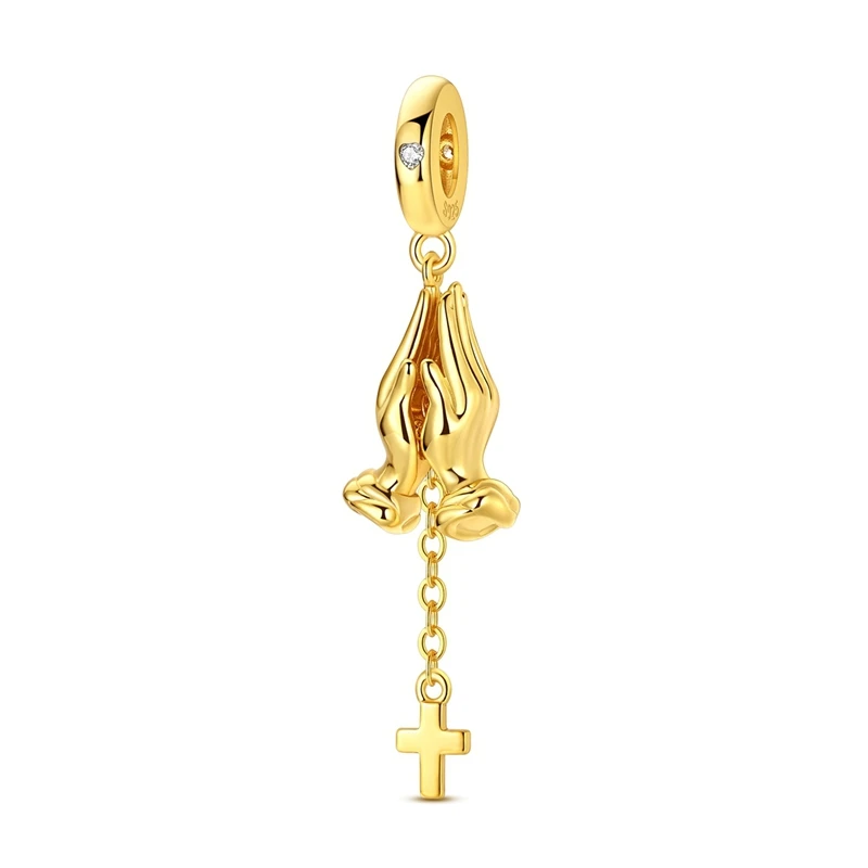 

New 925 Sterling Silver Golden Prayer Hand Cross Charms Pendant Zircon Dangle Fit 3mm Original Bracelet DIY Women Jewelry Gift