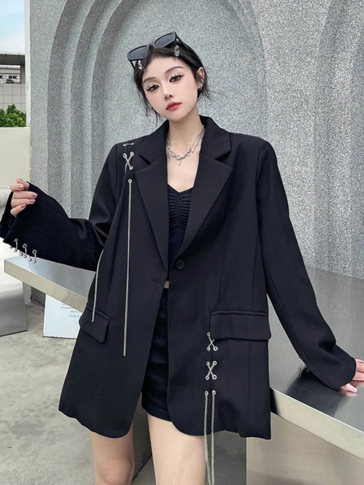 Cappotto Blazer a maniche lunghe nero gotico da donna Fashion Streetwear coreano Vintage Harajuku Suit Jacket capispalla anni \'90 2000s vestiti