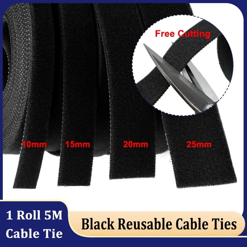 5Meter/Roll Reusable Cable Ties Black 10/15/20/25mm Width Double Side Hook and Loop Fastening Straps Cable Wire Management Tape