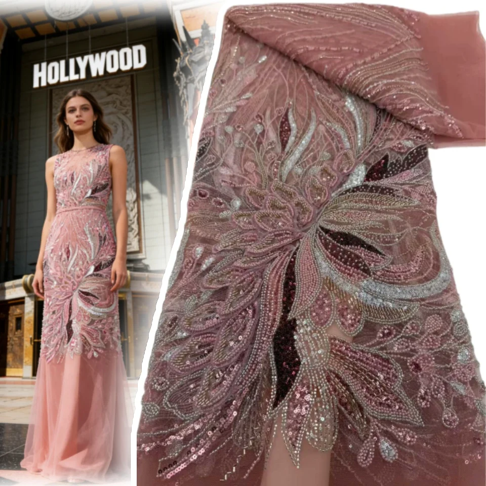 

5 Yards Luxury African Sequins Groom Lace Fabric 2026 High Quality French Nigerian Beaded Lace Fabric for Wedding Dress SZ1985