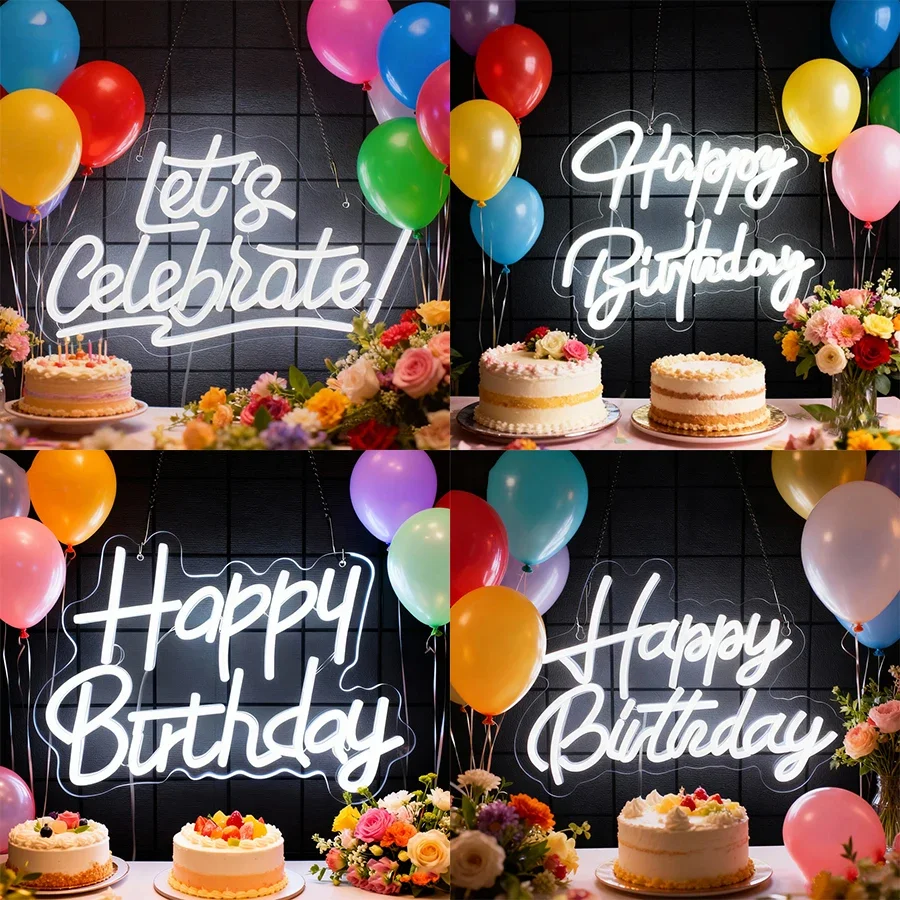 

Birthday Gift， White Letter Icon, Usb Powered,Happy Birthday Led Neon Sign, Suitable For Any Age Birthday Party Art Decor.