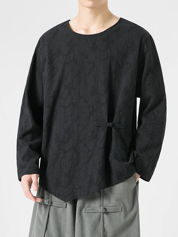 

New Chinese Sle Long Sve Cotton Linen T-irt round Ne Overhead Breathable Loose Fit Daily Wear