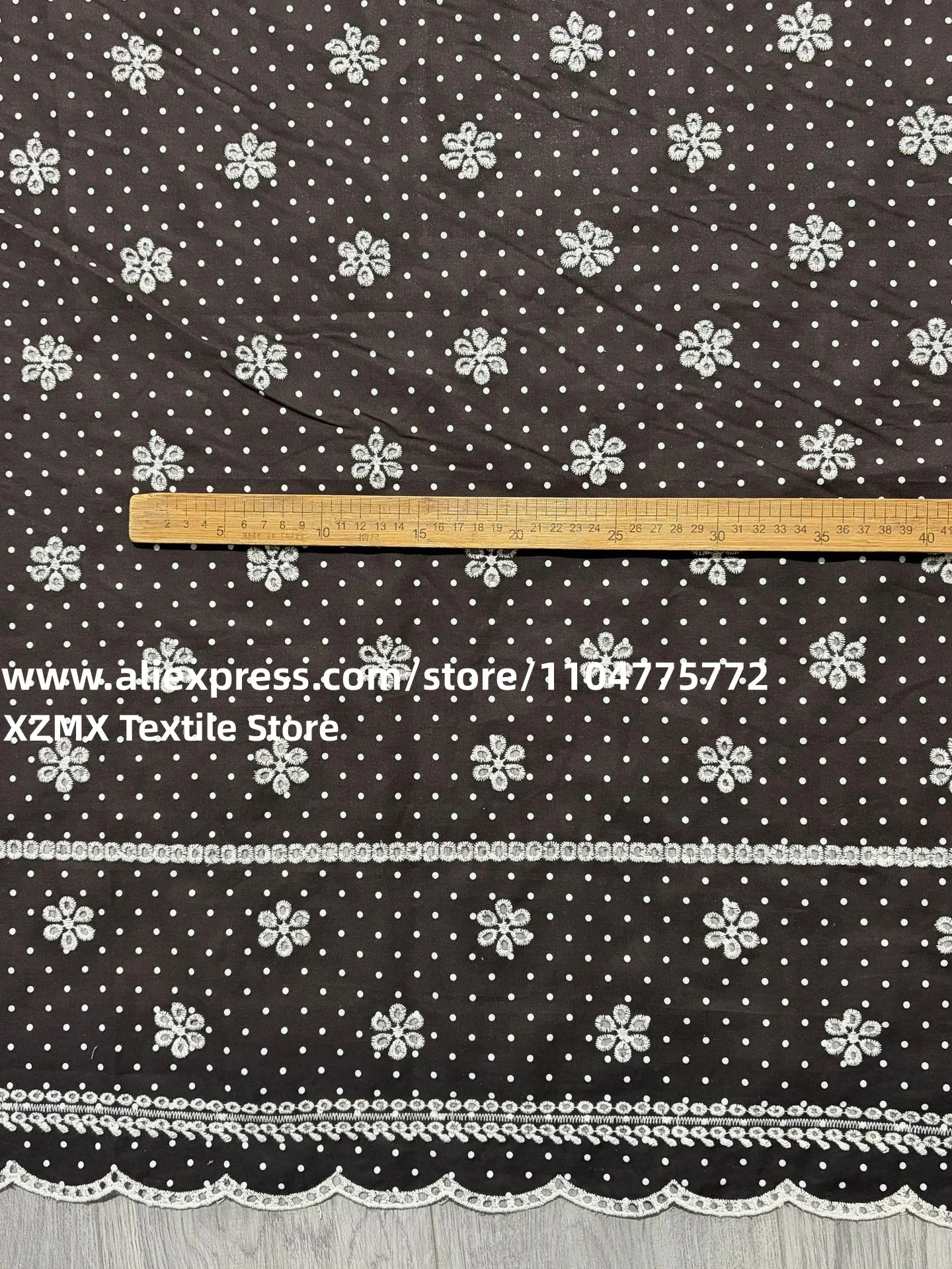 100% Cotton Fabric, Black Base White Polka Dot & Floral Embroidery,Double Side Eyelet Hollow Lace Edge For Dress Sewing