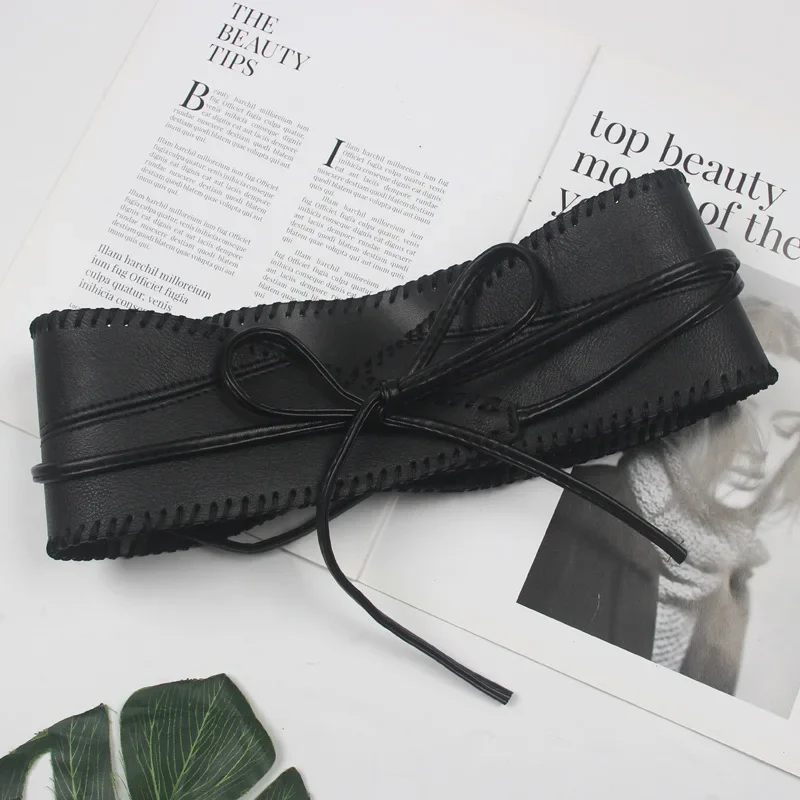 Women Vintage PU Leather Wide Waist Belt Irregular Double Ring Lace-Up Adjustable for Dresses Daily Wear