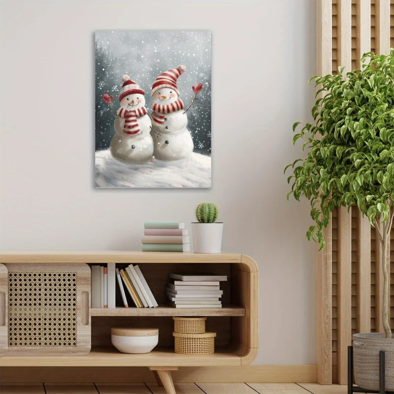 Charming Snowman Duo - Whimsical Airbrush-Style Canvas Art, Perfect For Cozy Living Spaces, 11.8X15.7 Inches, Wooden Frame Inclu