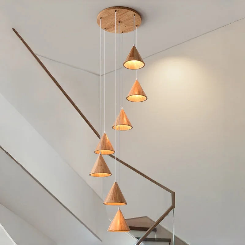 Modern Minimalist Creative Pendant Light Japanese Solid Wood Apartment Loft Hollow Staircase Long Stairway Home Lamp Changeable