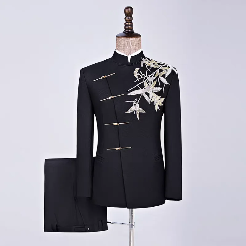 Chinese Style Men's Suit Traditional Embroidery Blazer Pants 2 Pieces Set Slim Groom Wedding Banquet Host Chinese Tunic Suits