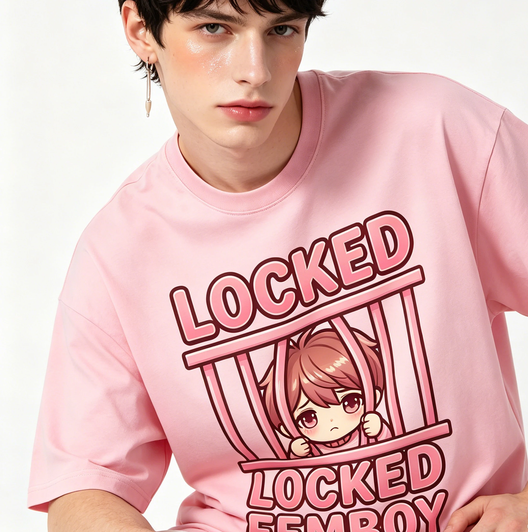 LGBT Heavy Cotton Black Tee Permanent Lock Chastity Caged Twink Pet Catboy Toy Boy Sub Sissy Boy Trap Pastel Streetwear Apparel