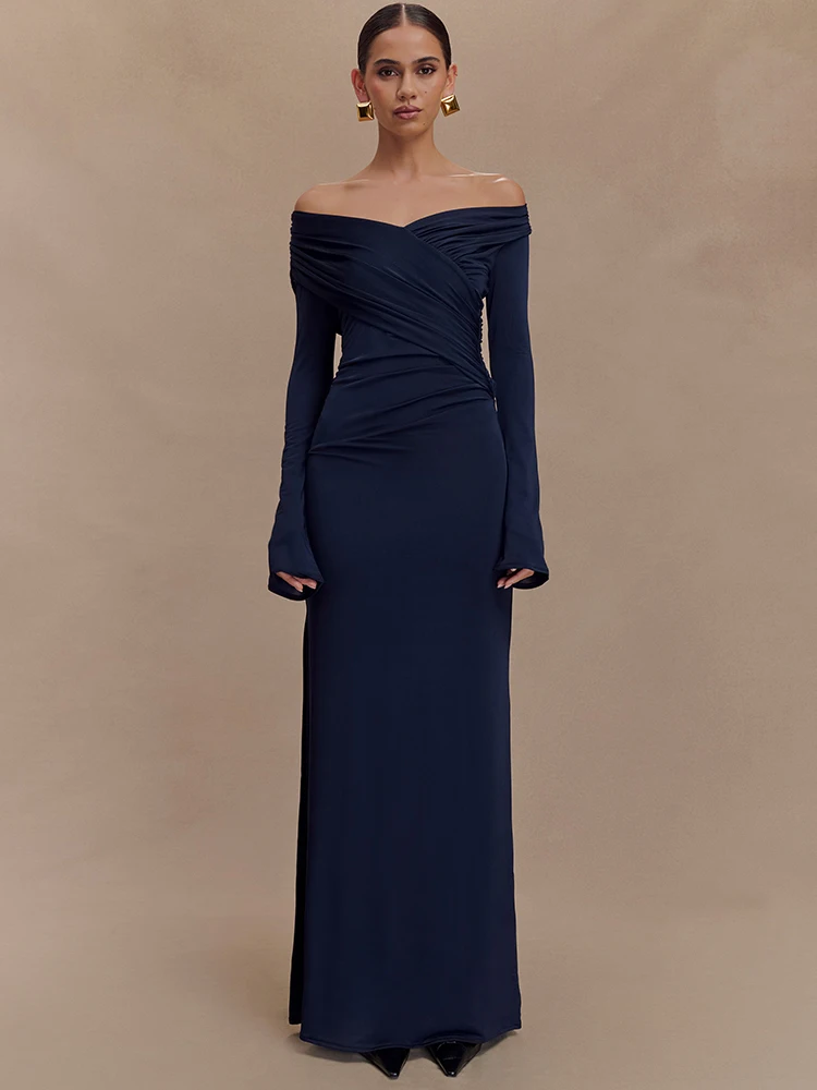 فستان ماكسي مثير للخريف بياقة على شكل V وأكمام طويلة من Mozision للنساء، فساتين طويلة أنيقة بخصر عالٍ مكشكشة #5