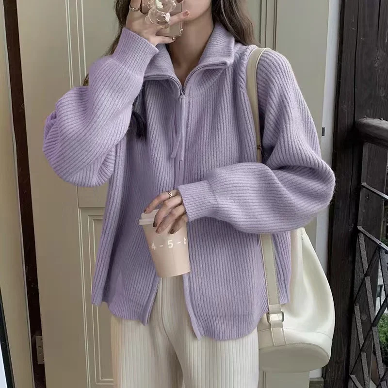 

High end and super beautiful purple knitted cardigan jacket for spring and autumn 2024, thick collar zipper sweater for women