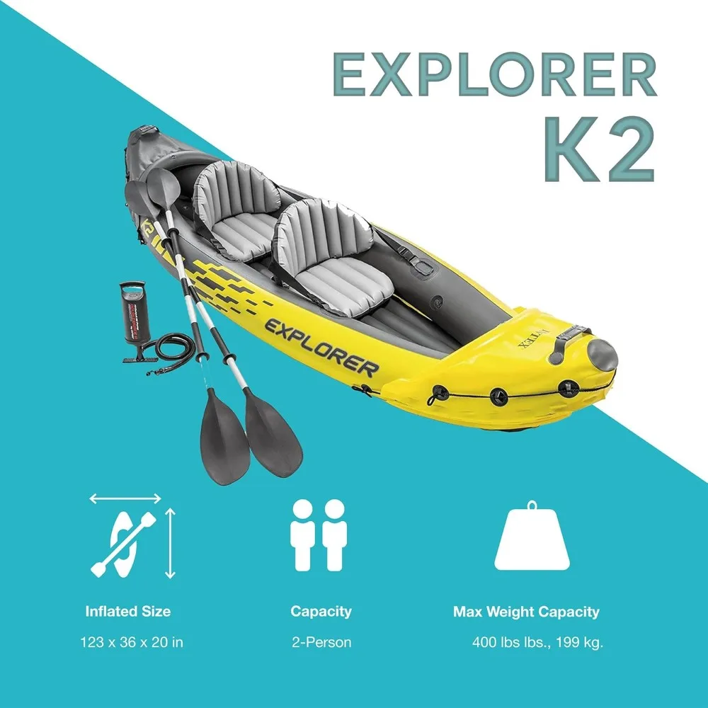 Juego de kayak inflable 68307EP Explorer K2: incluye remos de aluminio de lujo de 86 pulgadas y bomba de alto rendimiento: PVC súper fuerte
