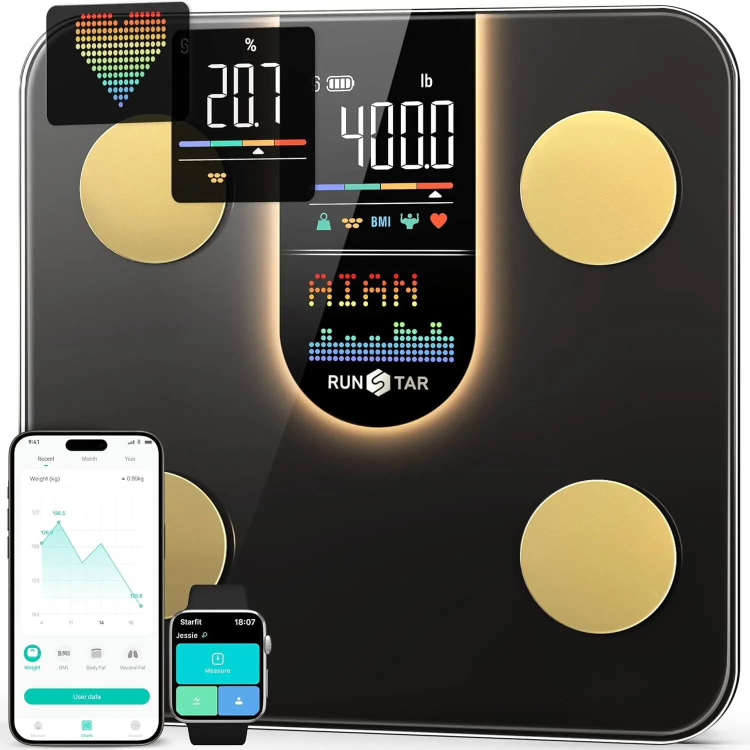 

Smart Digital Scale with 8-in-1 Display, Measures Body Weight, BMI, Heart Rate & 22 Metrics, Syncs to Health Apps