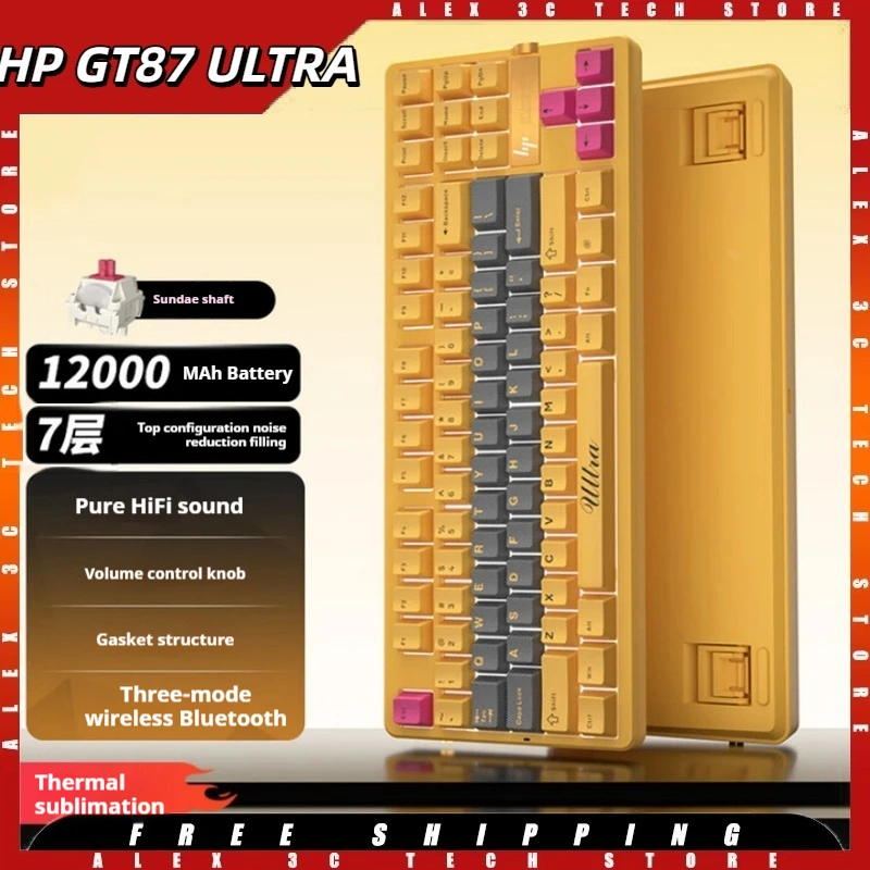 

HP GT87 Ultra Mechanical Keyboard 2.4G Bluetooth 12000mAh Battery Gasket 7 Layers Filling PBT Keycaps RGB for Gaming and Office
