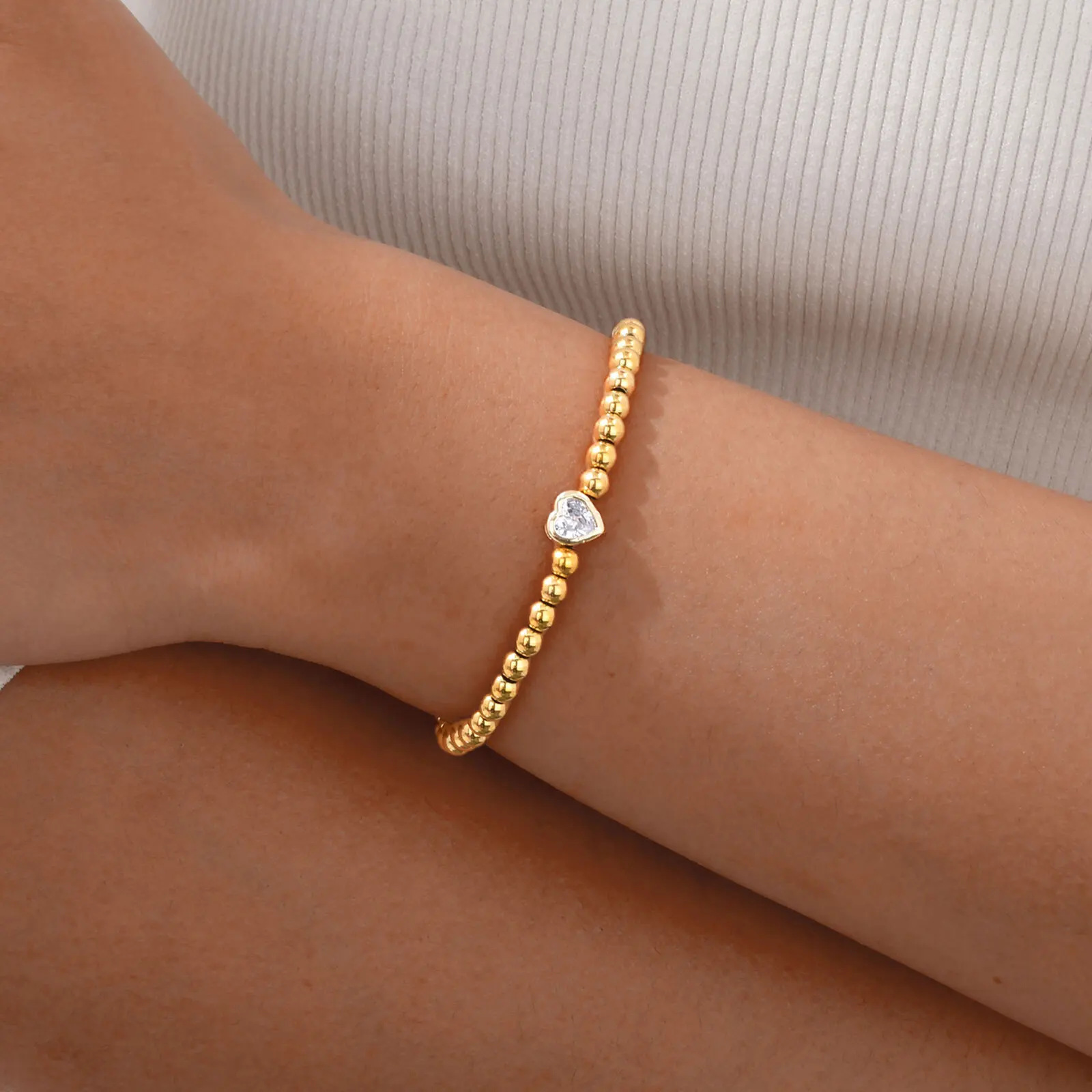 Zirconia Heart Bracelet for Women, Beaded Strand Link Bangle Gold Plated, Stainless Steel Adjustable Bracelets