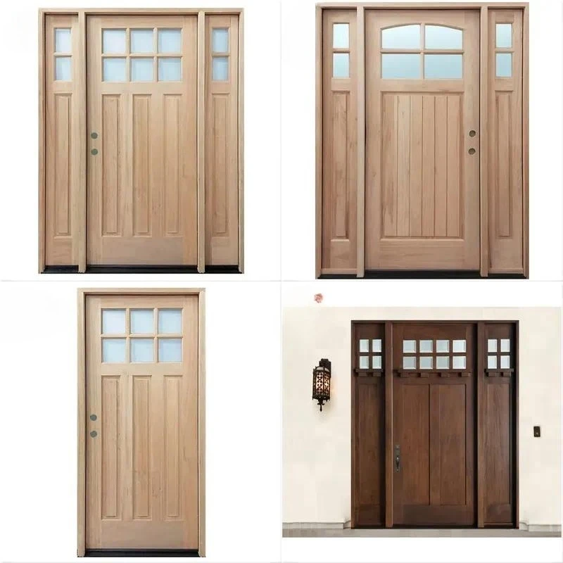 36x80 Inch Unfinished Wooden Casement Entrance Door with 6 Glass Panels and Side Windows for Home Interior Exterior Use