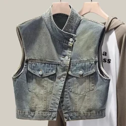 Chaquetas de mezclilla para mujer, abrigos minimalistas versátiles e informales, a la moda, sin mangas, con cuello levantado y bolsillo, versión coreana, 2024
