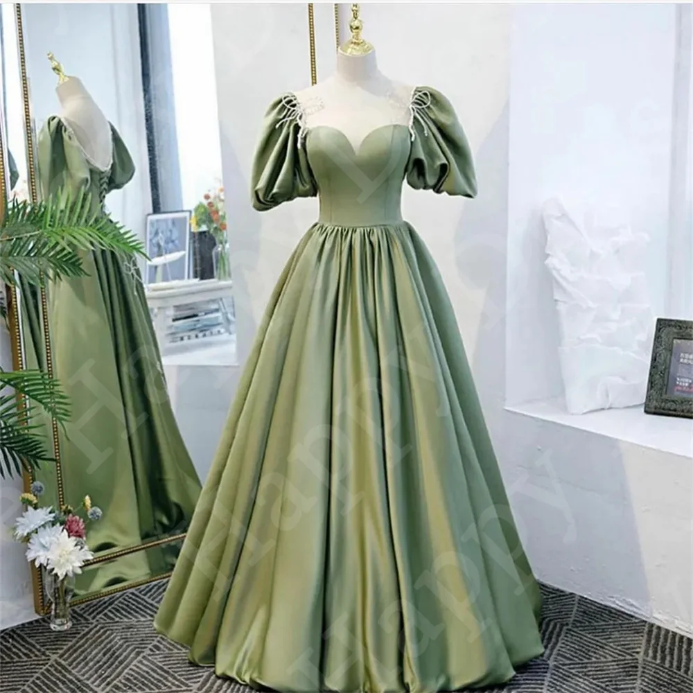 Groene Prinses Quinceanera Jurk Kralen Poff Korte Mouwen Veters Bace A-Lijn Satijnen Prom Avondjurk Vrouwen Trouwjurk Feestjurk