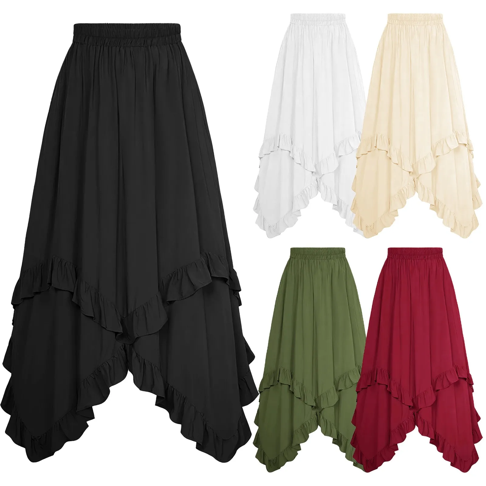 

Halloween Women Skirts Vintage Renaissance High Waisted Ruffled Edge Irregular Hem Swing Skirt Elastic Waist A-Line Maxi Skirt