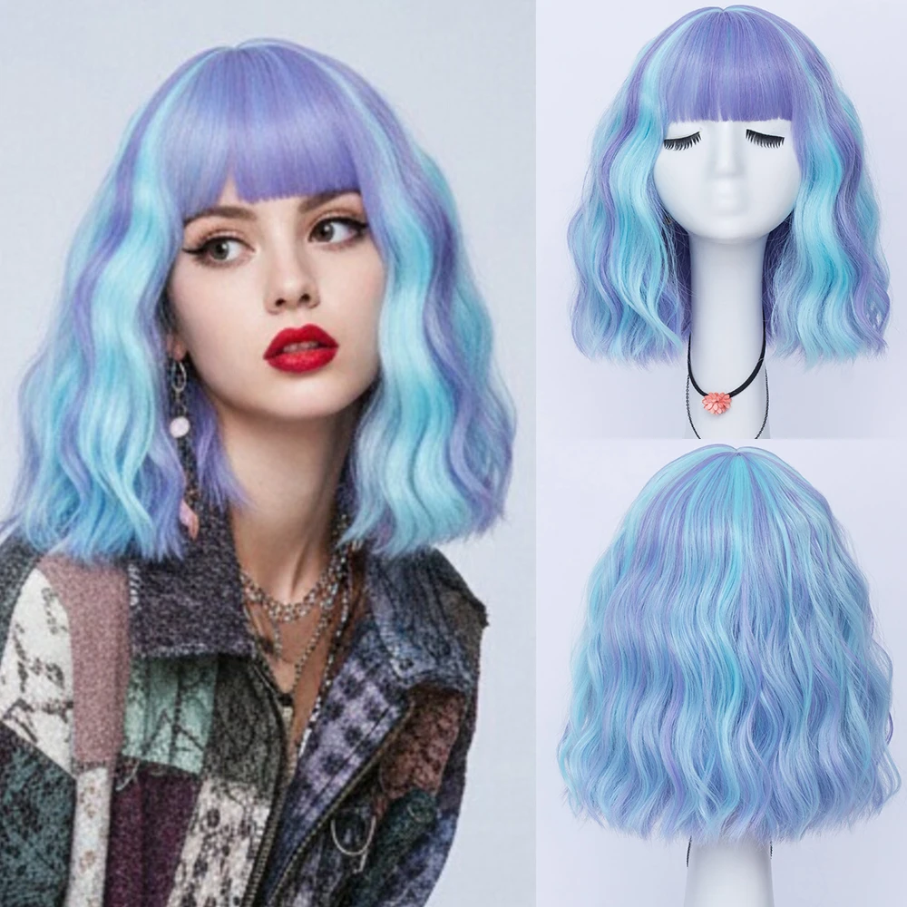 

Синтетический короткий фиолетово-синий кудрявый парик-каре с челкой для женщин, для косплея Лолиты и тематических вечеринок, термостойкие искусственные волосы