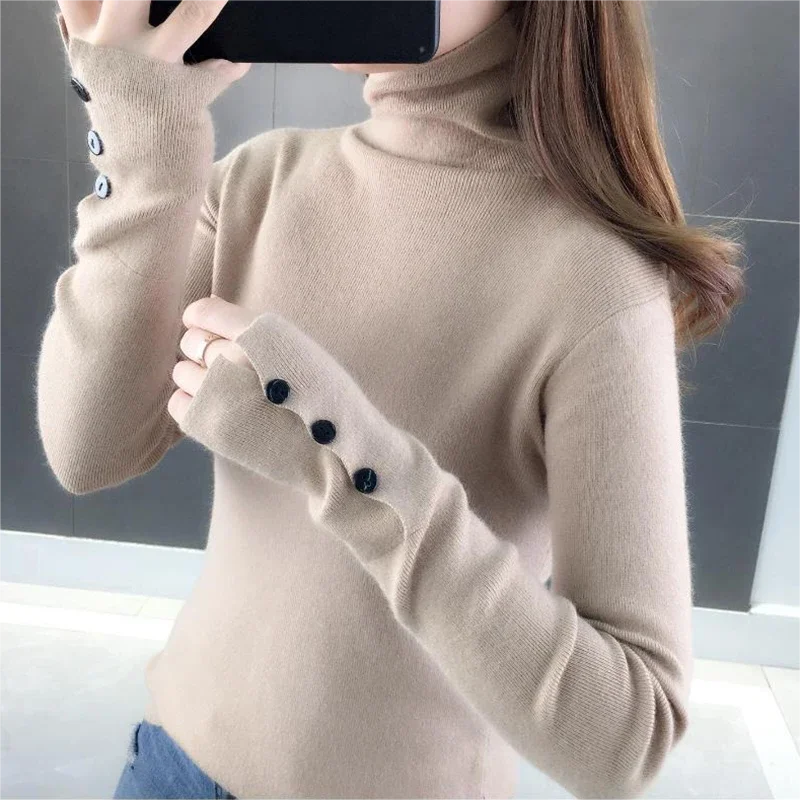 Women Turtleneck Solid Warm Sweater Buttons Long Sleeve Knit Basic Pullover Slim Office Jumper For Women 2023 Autumn Winter