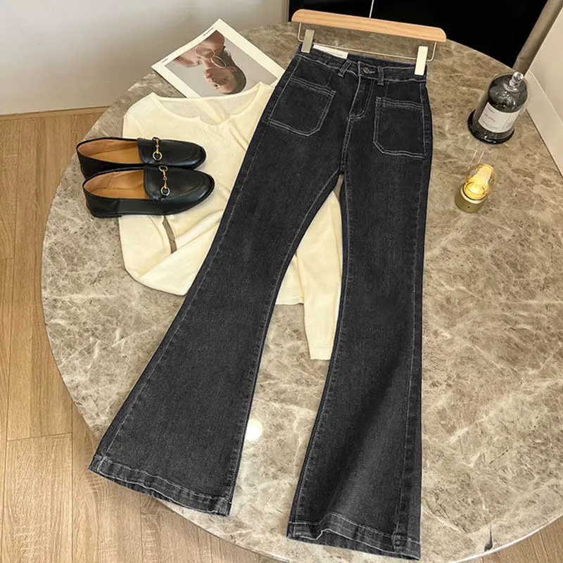 High Waist Trousers Loose Washed Jeans Pockets Slim Denim Flare Classic Women Vintage Stretch Straight Trousers All-match