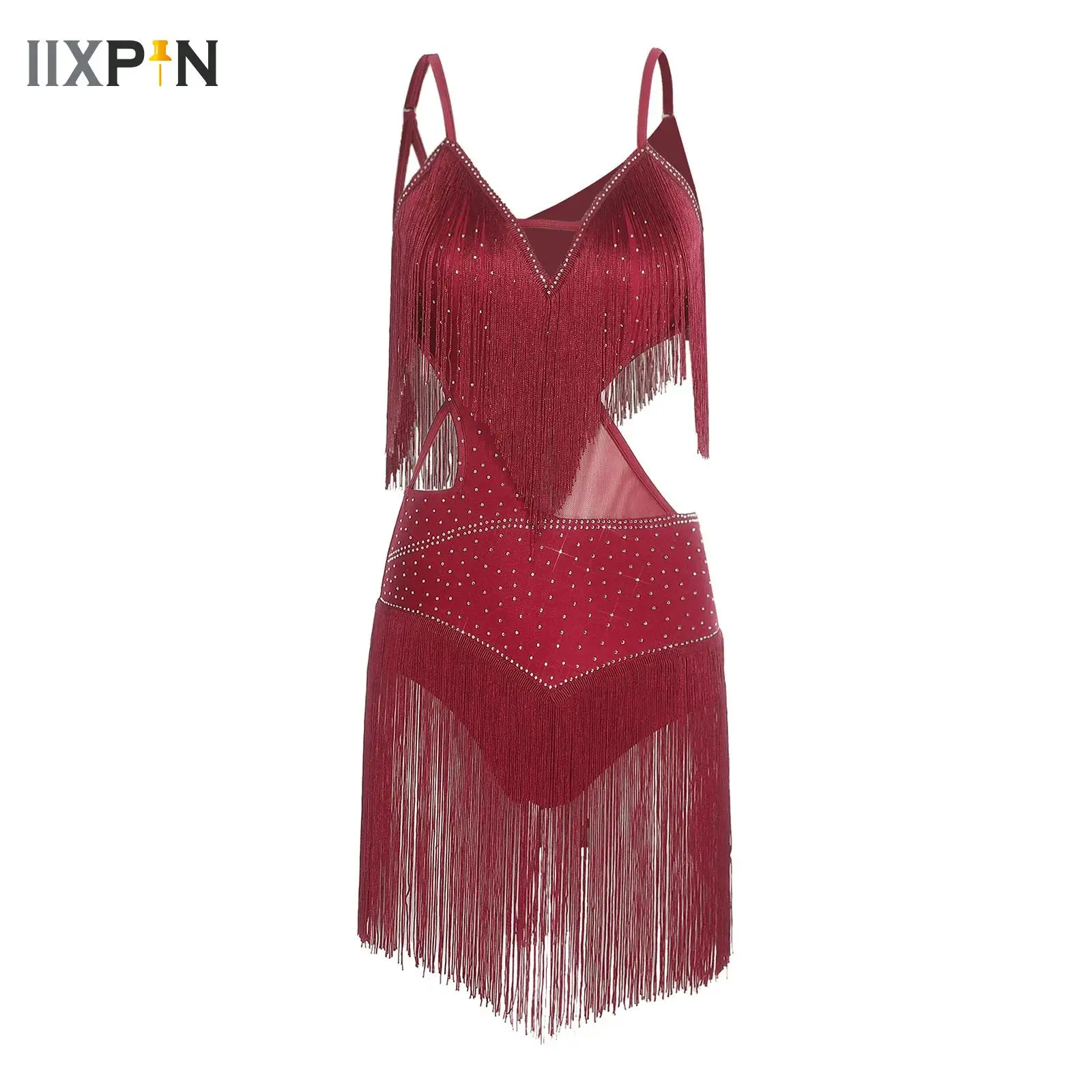 

Womens Latin Dance Bodysuit Dress Shiny Rhinestone Tassel Cut-out Sling Dress Dancewear for Rumba Salsa Tango Ballroom Cha-cha