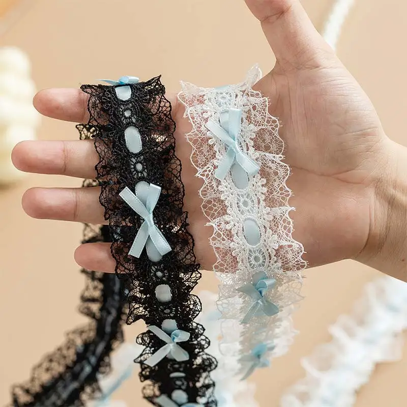 Fita de Renda Plissada com Laço de 50cm-5 Jardas, 38mm de Largura, com Babado e Borda Bordada, para Costura DIY, Vestidos e Tiaras