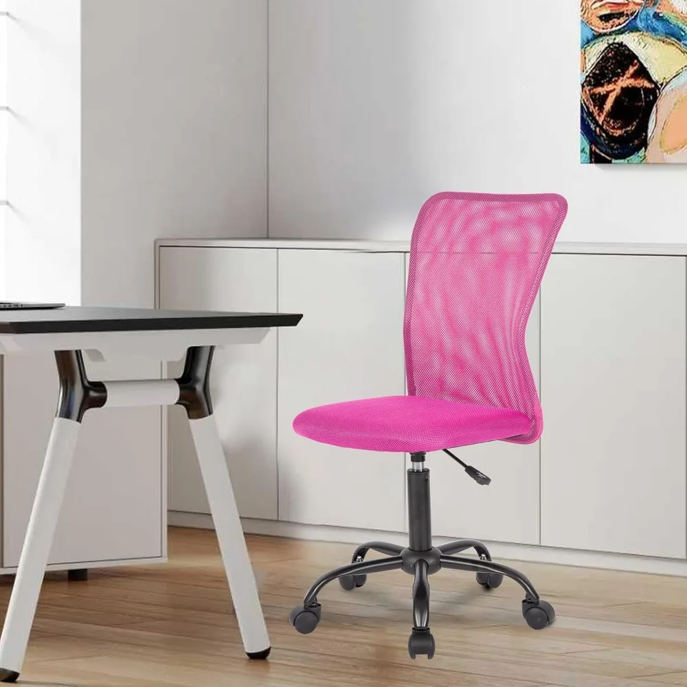 كرسي مكتب شبكي مريح مع دعم قطني، تصميم بدون ذراع، دوار دوار - وردي #2