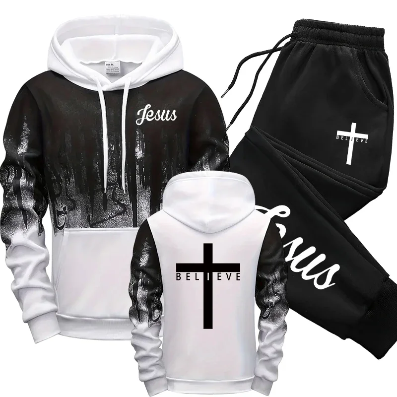 

Jesus Christ Style Hoodies and Sweatpants Autumn Winter Daily Casual Sporty Jogging Suit Cross Tracksuit High Quality Men's Set