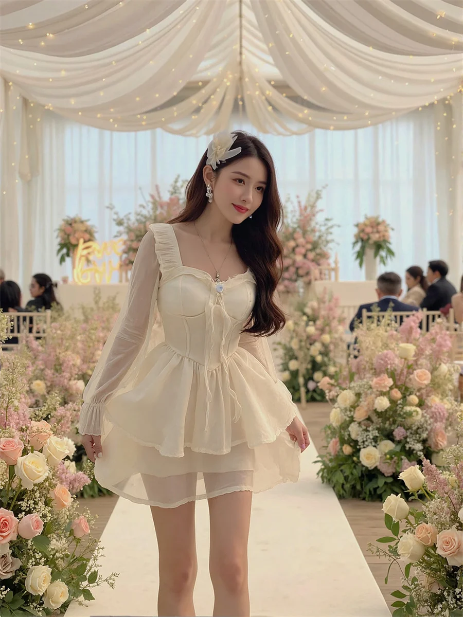 Dames Witte Jurken Voor Dames Gedrapeerde Ruches Herfst Slim-Fit Halve Mouw Bloemen Elegant Doorschijnend V-hals Comfortabel Col Gesplitst