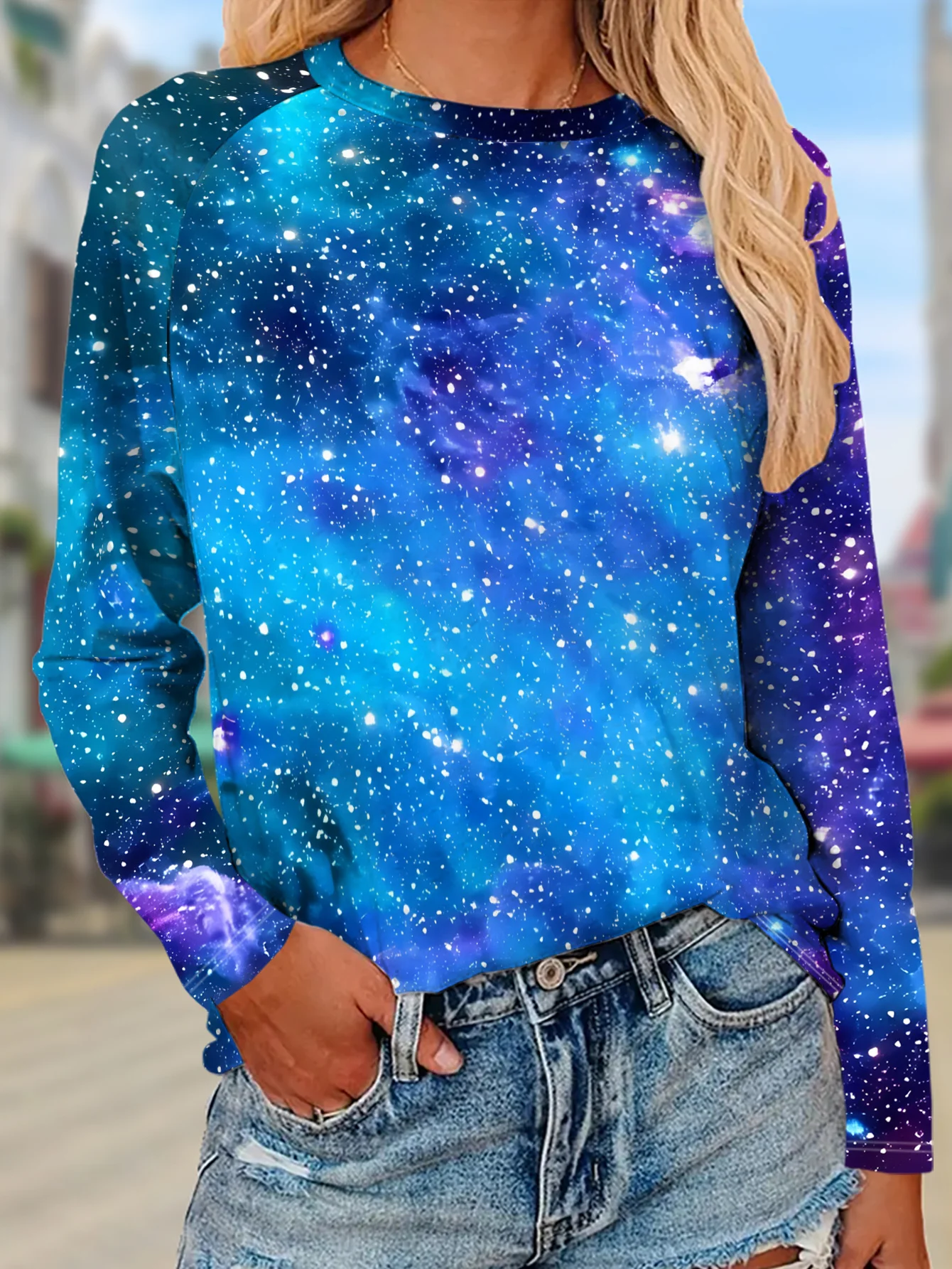 Women Round Neck Long Sleeve T‑shirt Blue Purple Galaxy Starry Sky Tie Dye Print Holiday Casual Daily Autumn Wear Womens Clothes