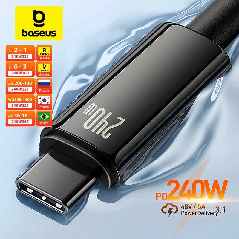 Baseus 240W USB C Cable for iPhone 16 15 Plus Pro Max Supercharge for Macbook Fast Charger Type C Cable for xiaomi Samsung