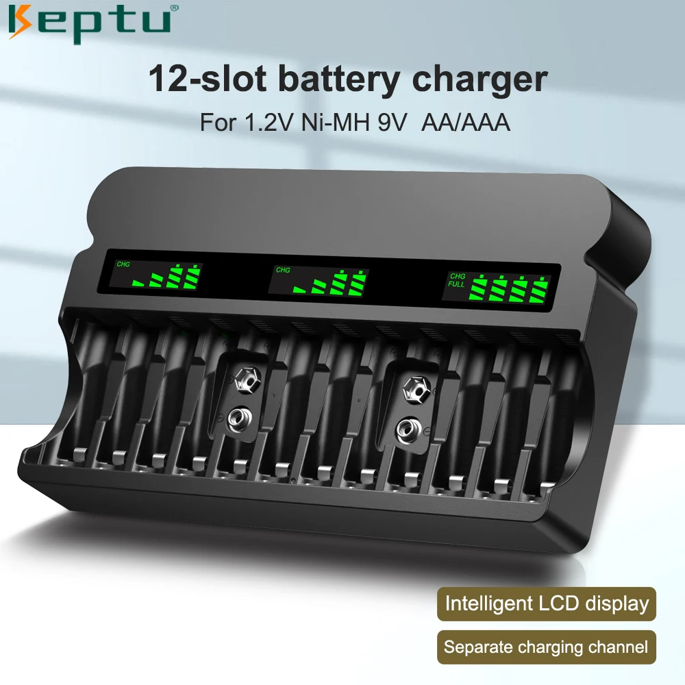 

12-Slot Smart Charger LCD Display AA AAA 9V Battery Charger for NIMH NICD 1.2V AA AAA 9V rechargeable batteries for Li-ion 9V