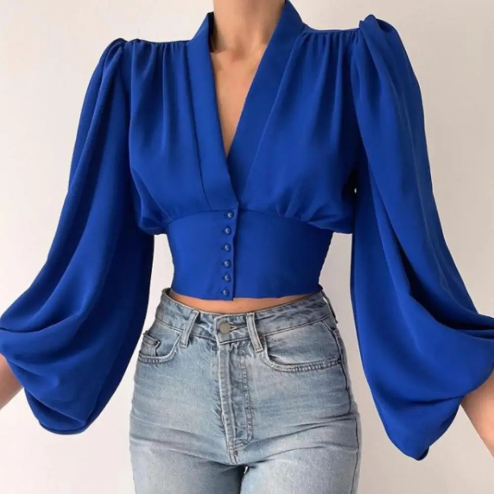 

2024 French Style Vintage Cropped Shirt Lantern Long Sleeve Irregular Geometry Print Office Women Shirt V-neck Waist Tight Shirt