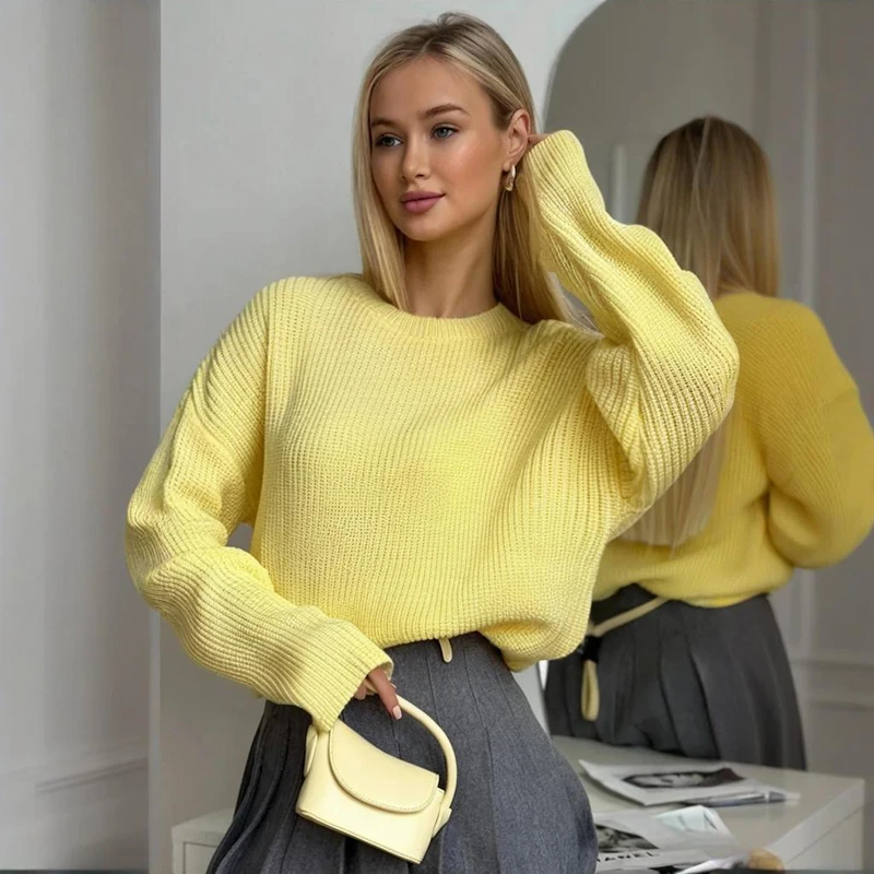 

Tornova Loose Knitted Sweater Women's Fashion Casual Solid Long Sleeves Round Neck Leisure Knit Pullover 2025 Autumn Winter New