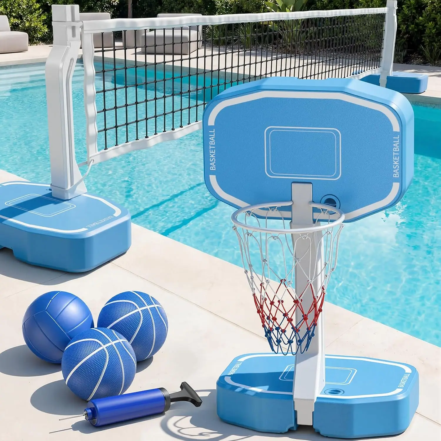 2-in-1 Pool Volleyball Net and Basketball Hoop Set for Inground Pools, Poolside Basketball Hoop with Base and Stand, Includes 3 Balls, 2 Bases, and Air Pump, Summer Outdoor Water Games for Adults
