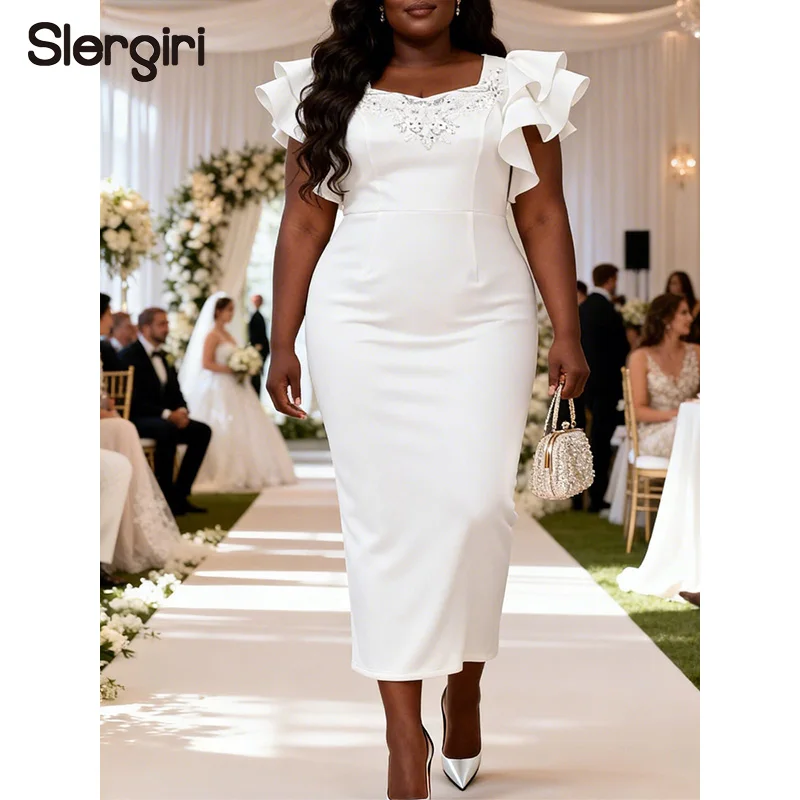 

Slergiri Plus Size Sweetheart Neck Ruffle Sleeve White Dress 2026 Elegant High Waist Birthday Party Slit Bodycon Long Dresses