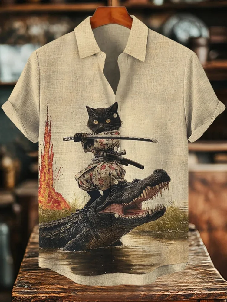 ฮาวายผู้ชายแมวกราฟิกเสื้อแขนสั้น Turn-Down เสื้อสําหรับฤดูร้อนขนาดใหญ่เสื้อวันหยุดสบายๆเสื้อผ้า