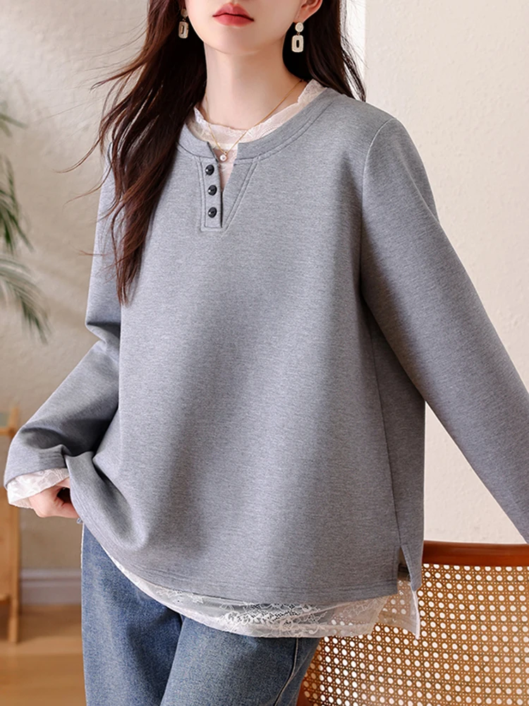 

Повседневный свободный свитшот с длинными рукавами и кружевными вставками, женский, весенний, новый, модный, универсальный, больших размеров