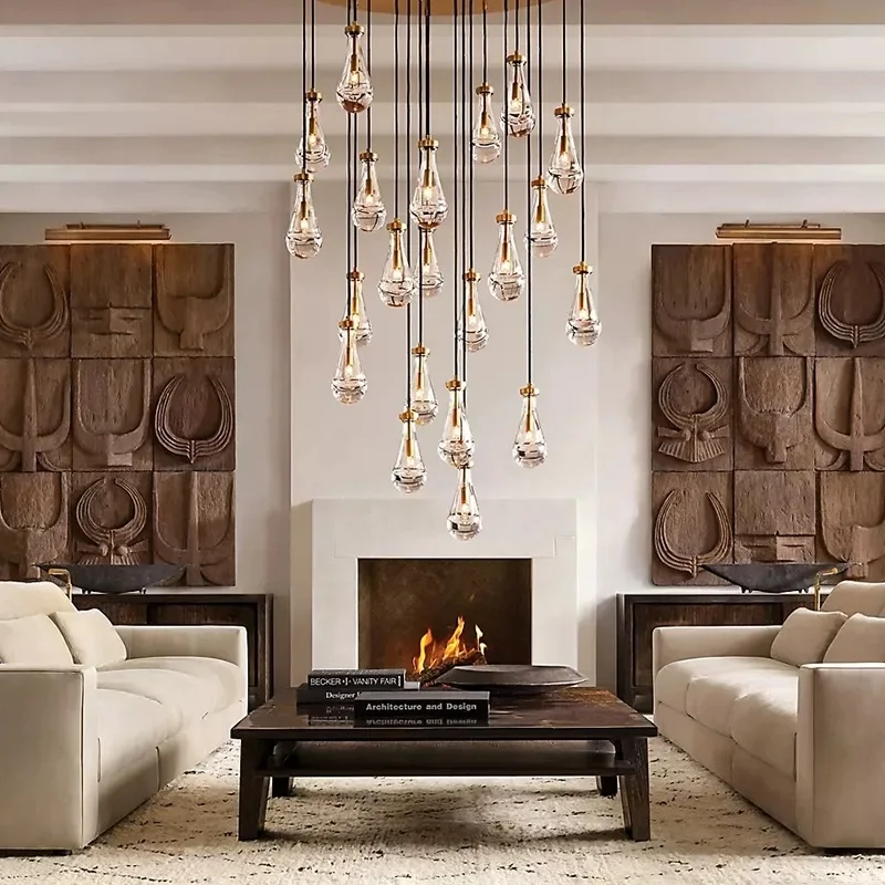New Copper LED Pendant Light, Modern Lobby Waterdrop Glass Light, Home Decoration, Hotel Villa Glossy Staircase Ceiling Lamps