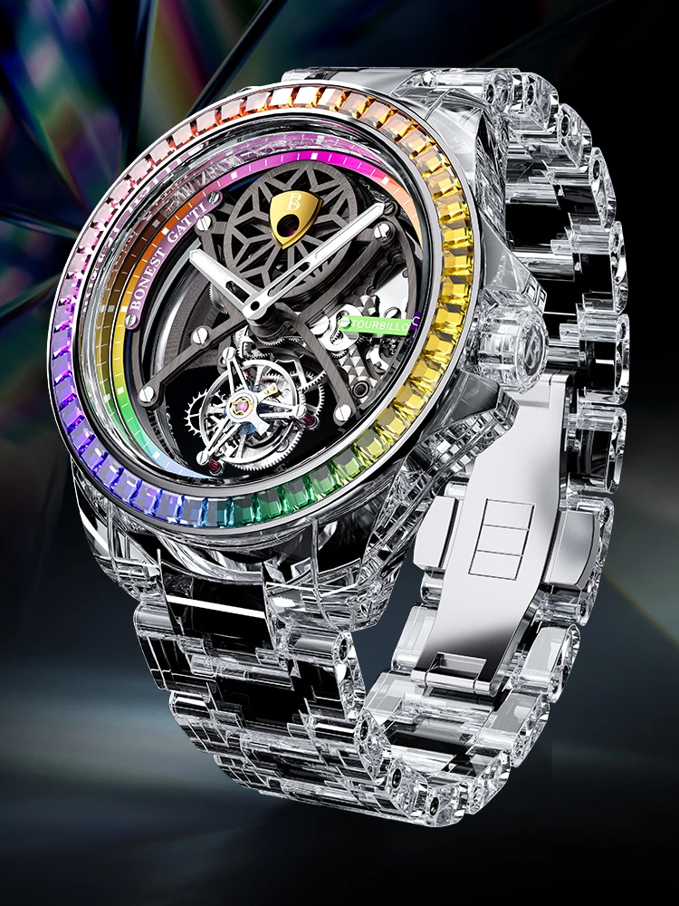 BONEST GATTI Luxus-Automatikwerk, mechanische Uhren, Saphir-Uhrenlinse, hohe transparente Glaskristalluhr für Herren