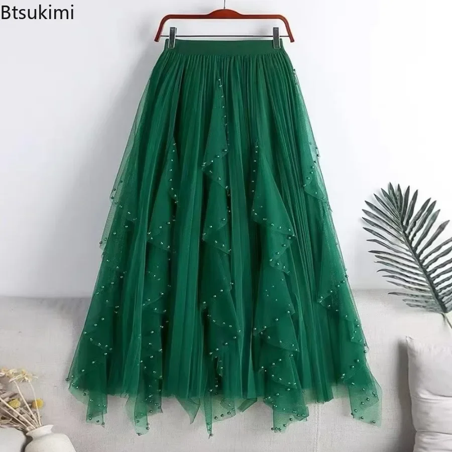 2025 Women'sTulle Pleated Irregular Long Skirt for Women Fashionable Beading Sweet A Line High Waist Mesh Midi Skirt Female Cute