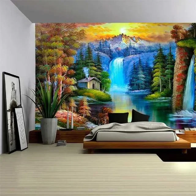 Natural Scenery Tapestry Mountain Forest Plant Waterfall Landscape Tapestry Art Wall Hanging Decor for Bedroom Living Room Dorm