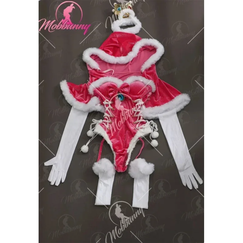 Mobbunny Women Christmas Peach Derivative Sexy Lingerie Cosplay Costume Bodysuit Plush  Romper with Cloak Gloves and Thigh Socks