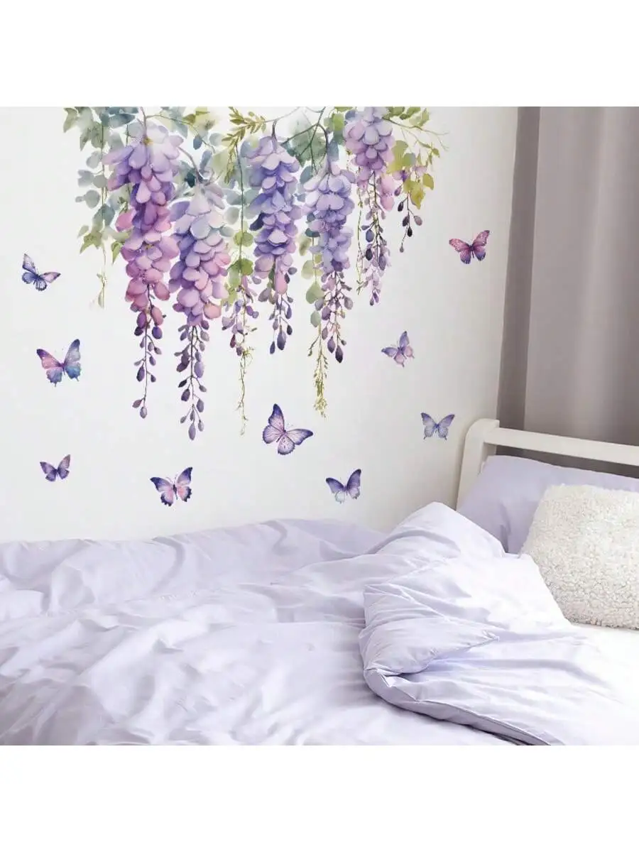 2 hermosas pegatinas de pared de glicina y mariposa moradas, pegatinas de pared de PVC autoadhesivas y desmontables, habitación estilo cuento de hadas l