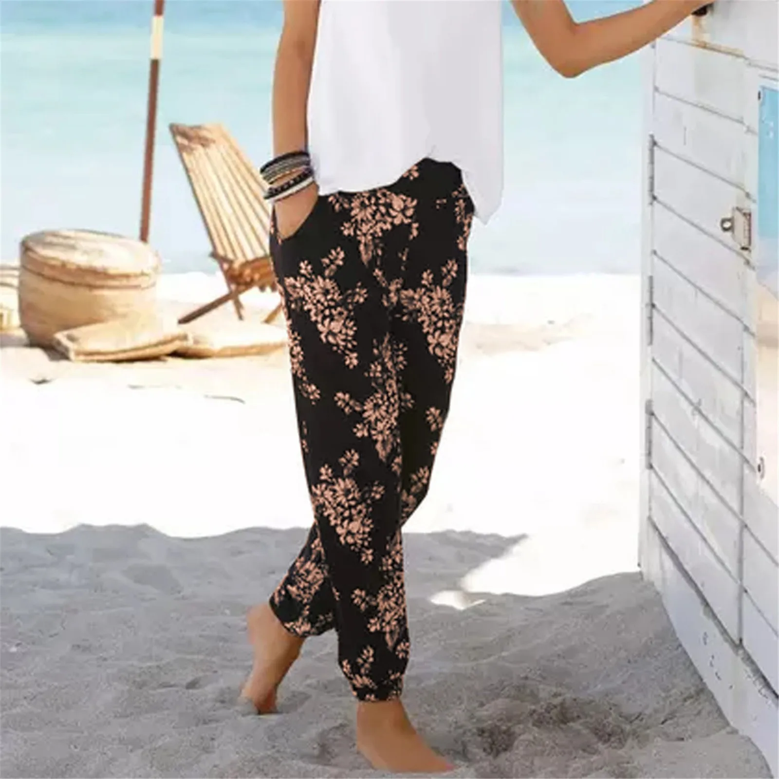 Boho Beach Pants Women High Waist Printing Trousers With Pockets Pantalones Summer Casual Trousers Sweatpants брюки женские