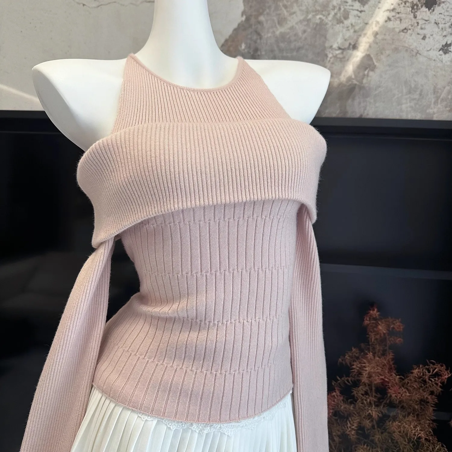 Нишевый искусственный топ на одно плечо из двух частей для женщин, однотонная маленькая рубашка с длинными рукавами для женщин