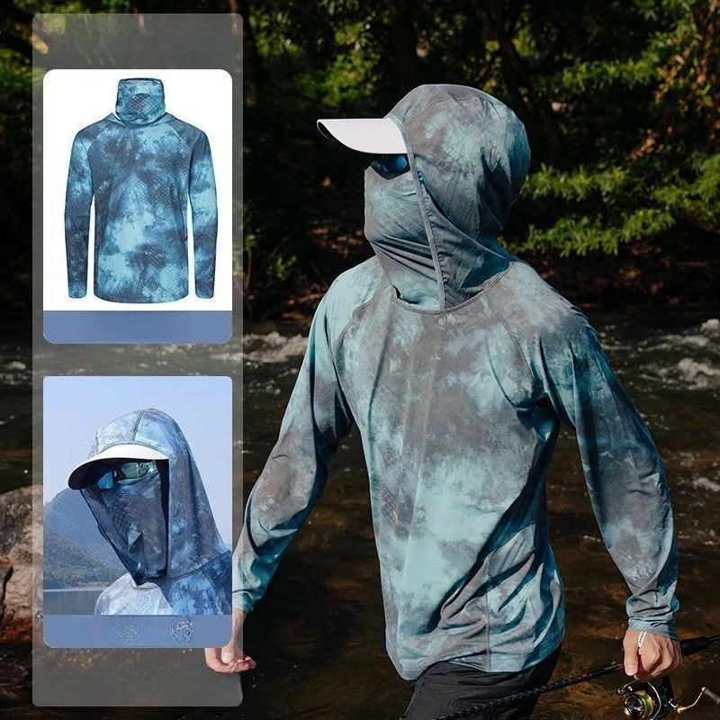 Ultra-thin Tshirts Summer Trendy Prints Lightweight UPF Sun Hoodie with Face Mask Shirt Long Sleeve Breathable UV Fishing Shirt