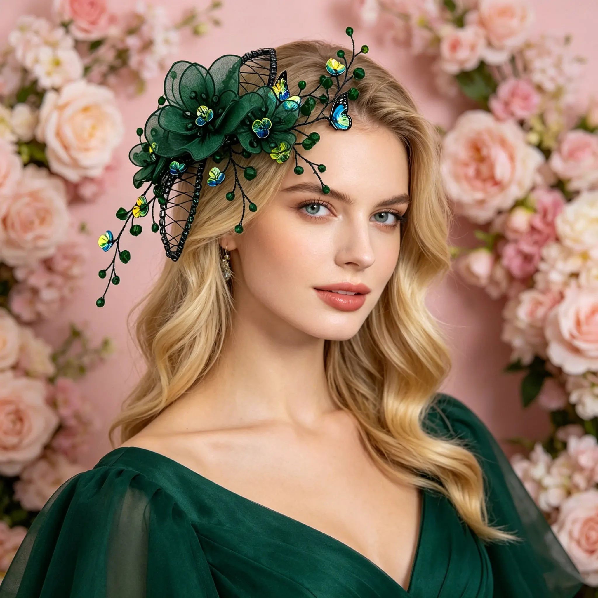 Handcrafted Emerald Organza Flower & Butterfly Hair Clip image 2